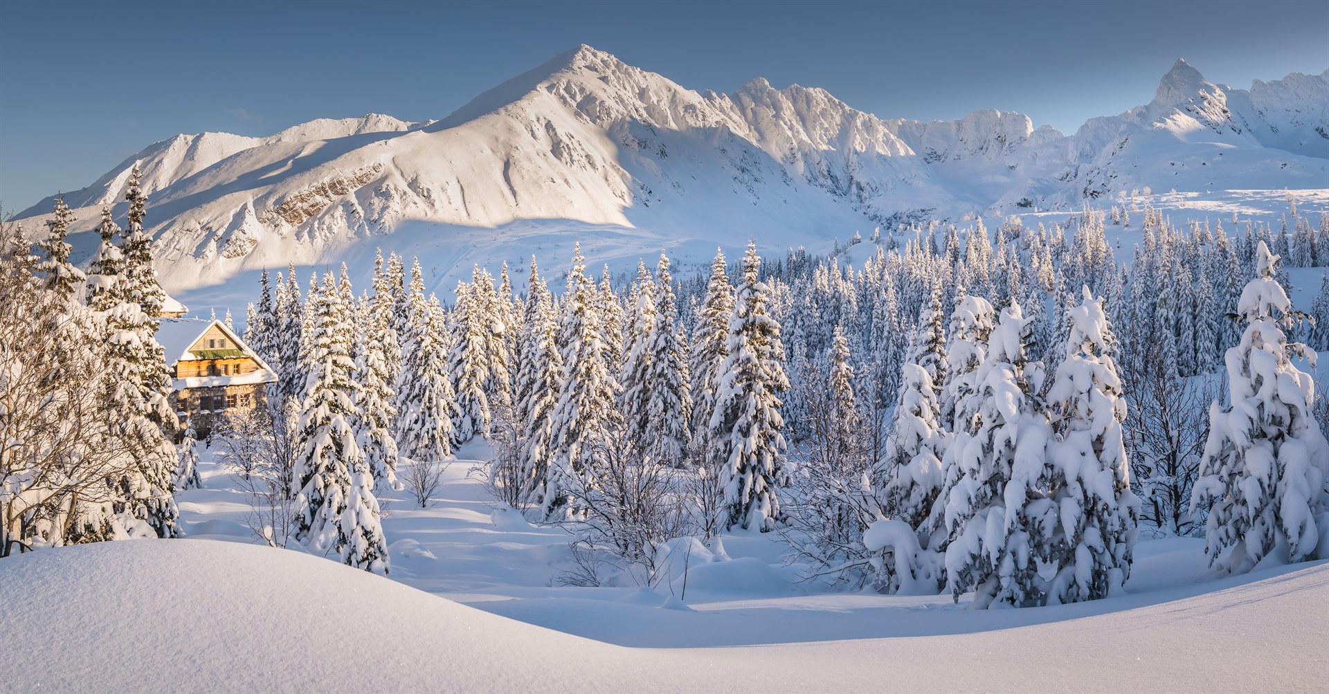 Drewniana chata z żółtymi oknami wśród zaśnieżonych sosen u podnóża ośnieżonych gór w złotym świetle