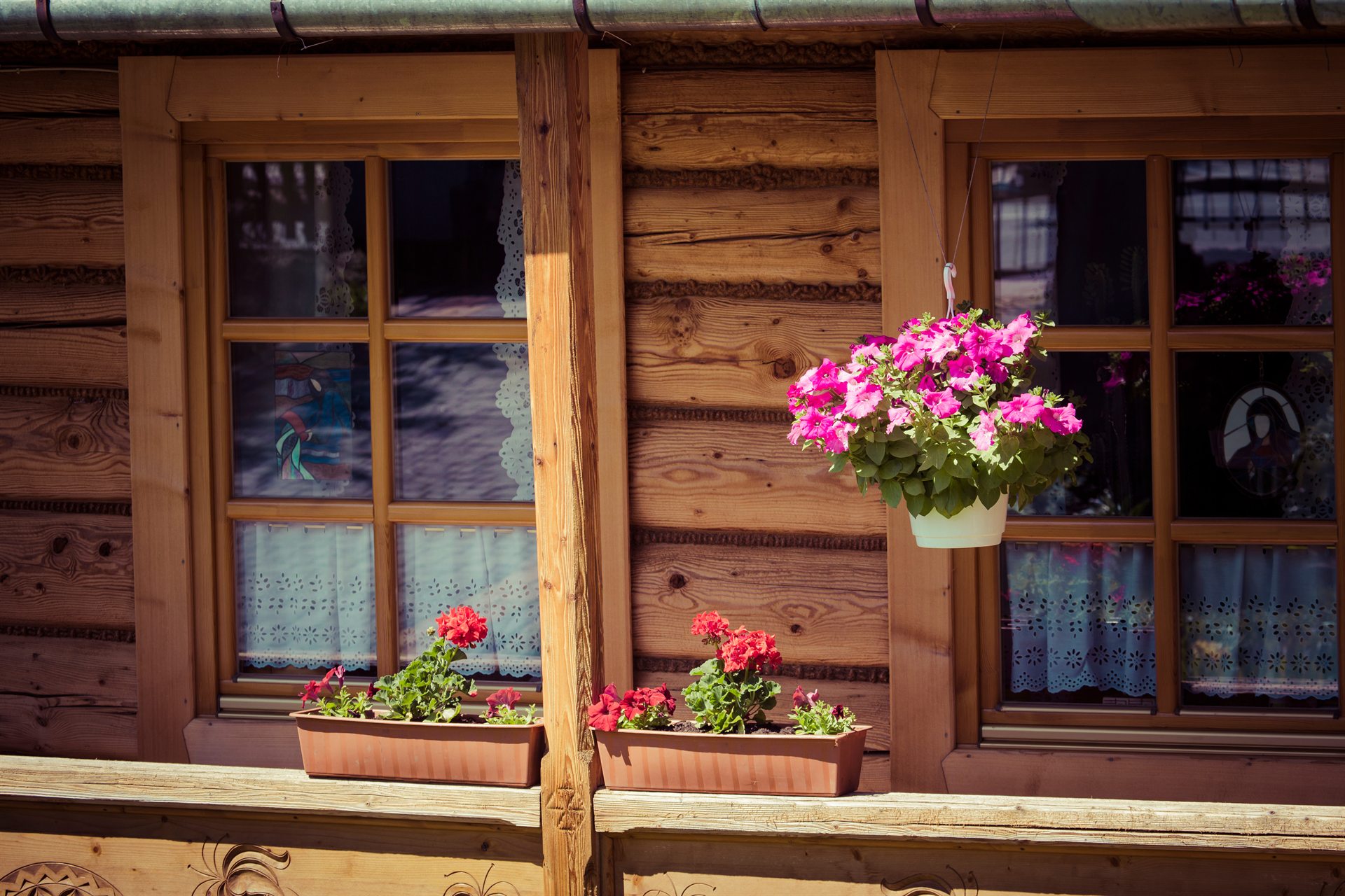 Drewniana fasada z dwoma oknami, a pod nimi skrzynki z czerwonymi pelargoniami i wisząca doniczka z różowymi petuniami